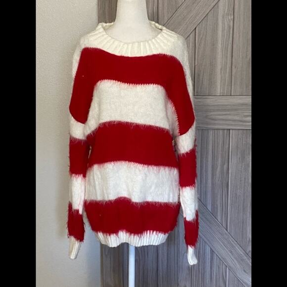 NWT BP Lead and white striped crewneck pull over fuzzy - Picture 1 of 4